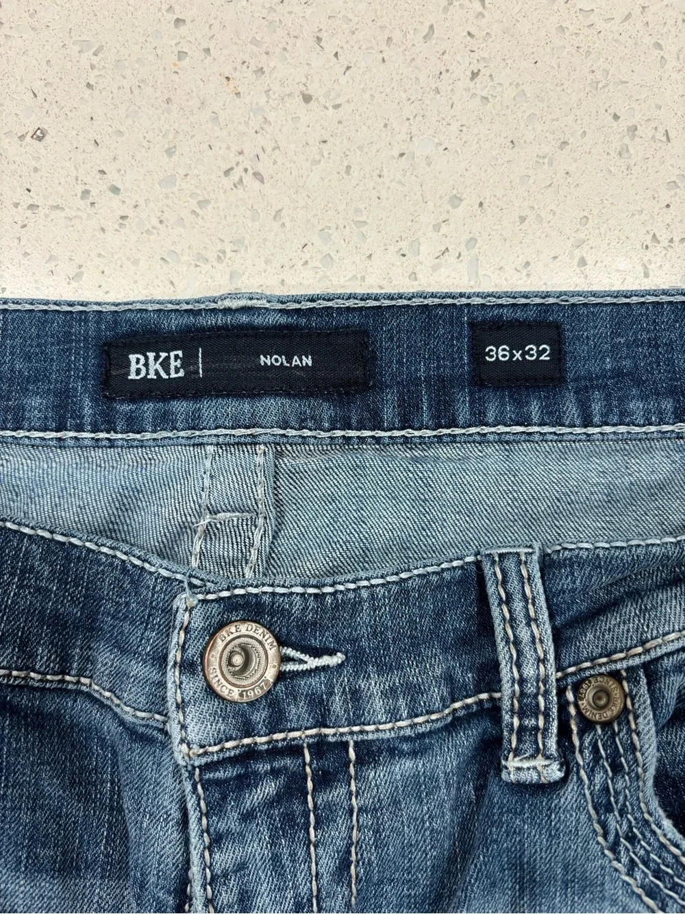 BKE Men's Blue Straight-Leg Jeans with Back Pocket Distress